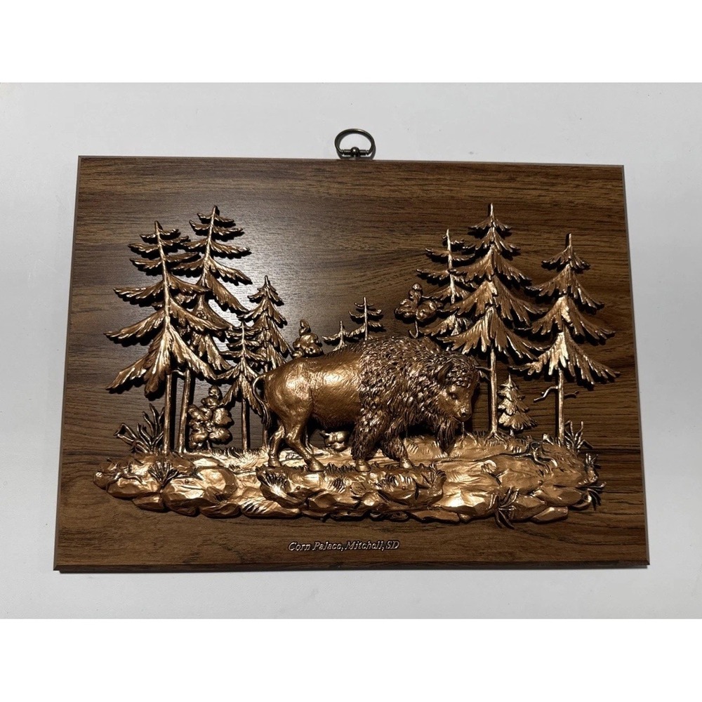 3-D Relief Bison & Trees Sculpture on Wood Plaque Corn‎ Palace Mitchell S Dakota